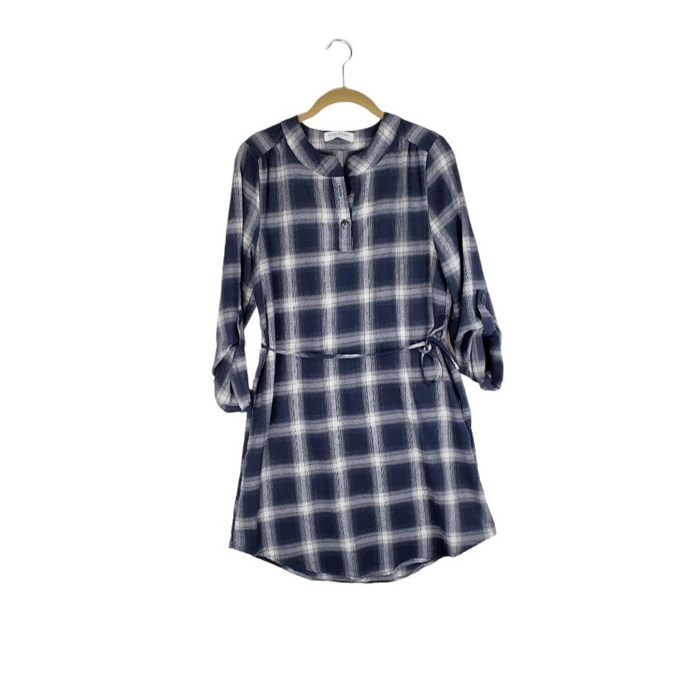 Kate Kasin Flannel Tunic Popover Shirt Dress Blue Gray Plaid Womens Size Small